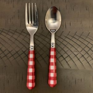Pottery Barn Kids Red plaid 2pc utensils set (fork and spoon).